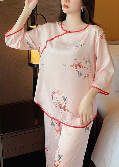 Elegant Pink O Neck Print Ice Silk Pajamas Two Pieces Set Half Sleeve YK004