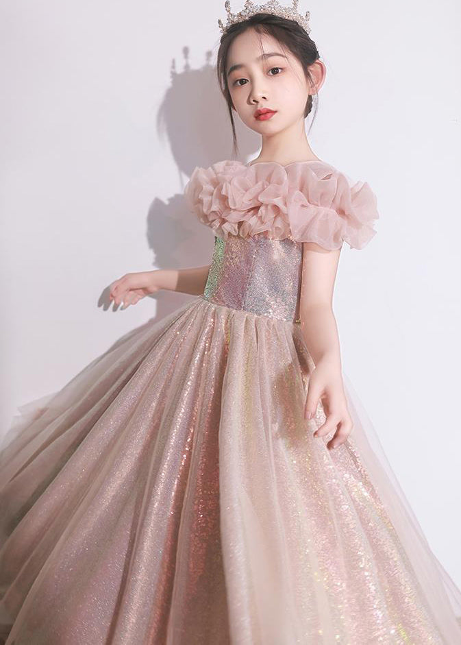 Robe longue en tulle rose élégante à manches courtes pour filles QV010