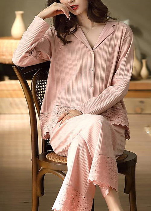 Pan Elegant Cotton Two Hollow Pink Pajamas Peter Out Collar