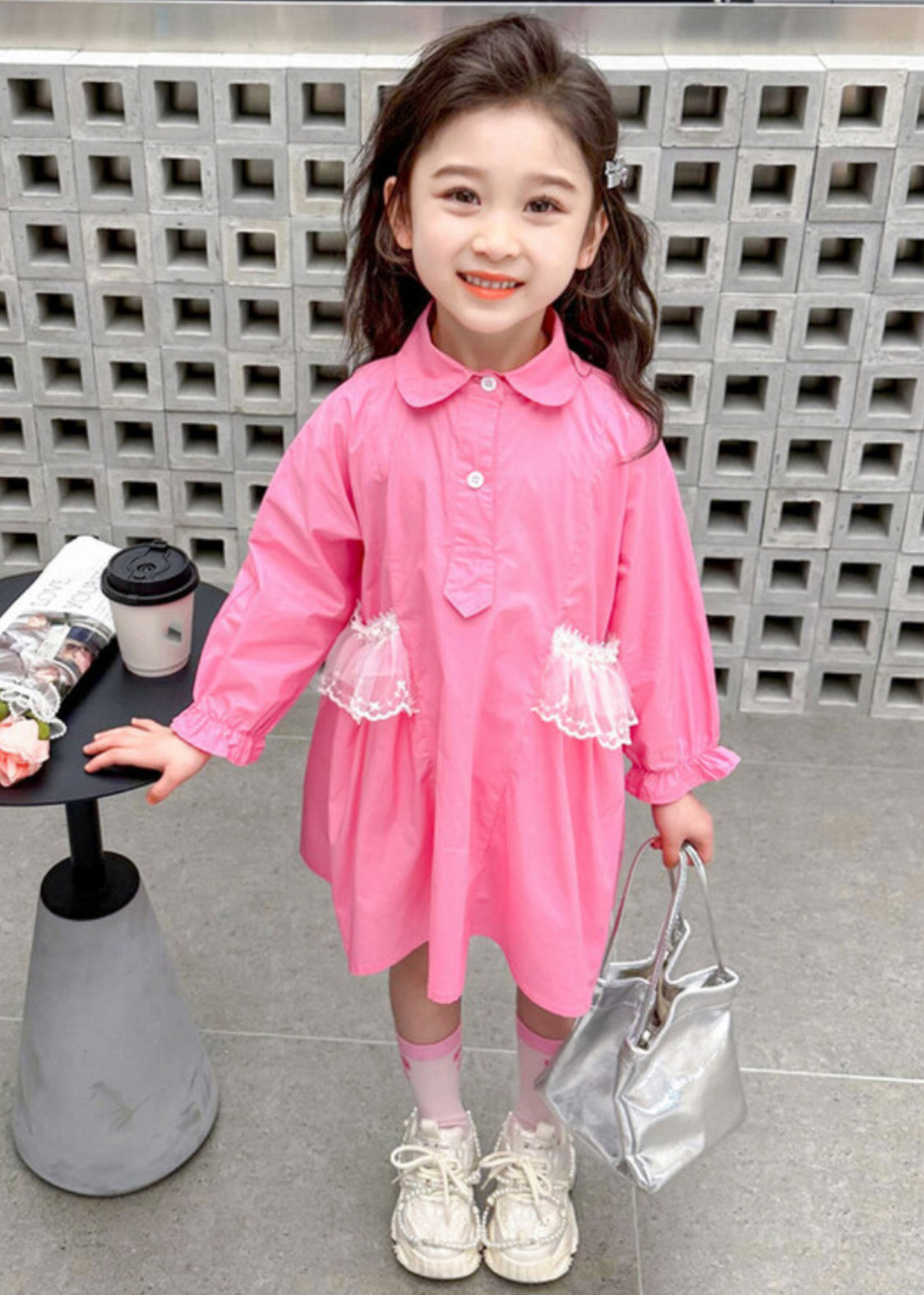 Elegant Pink Peter Pan Collar Patchwork Button Kids Long Shirts Dress Fall SS1049