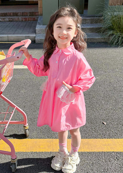 Elegant Pink Peter Pan Collar Patchwork Button Kids Long Shirts Dress Fall SS1049