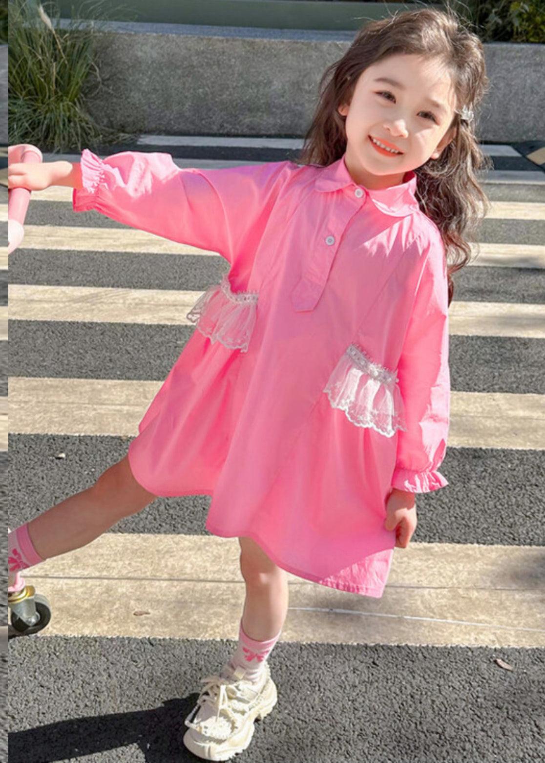 Elegant Pink Peter Pan Collar Patchwork Button Kids Long Shirts Dress Fall SS1049