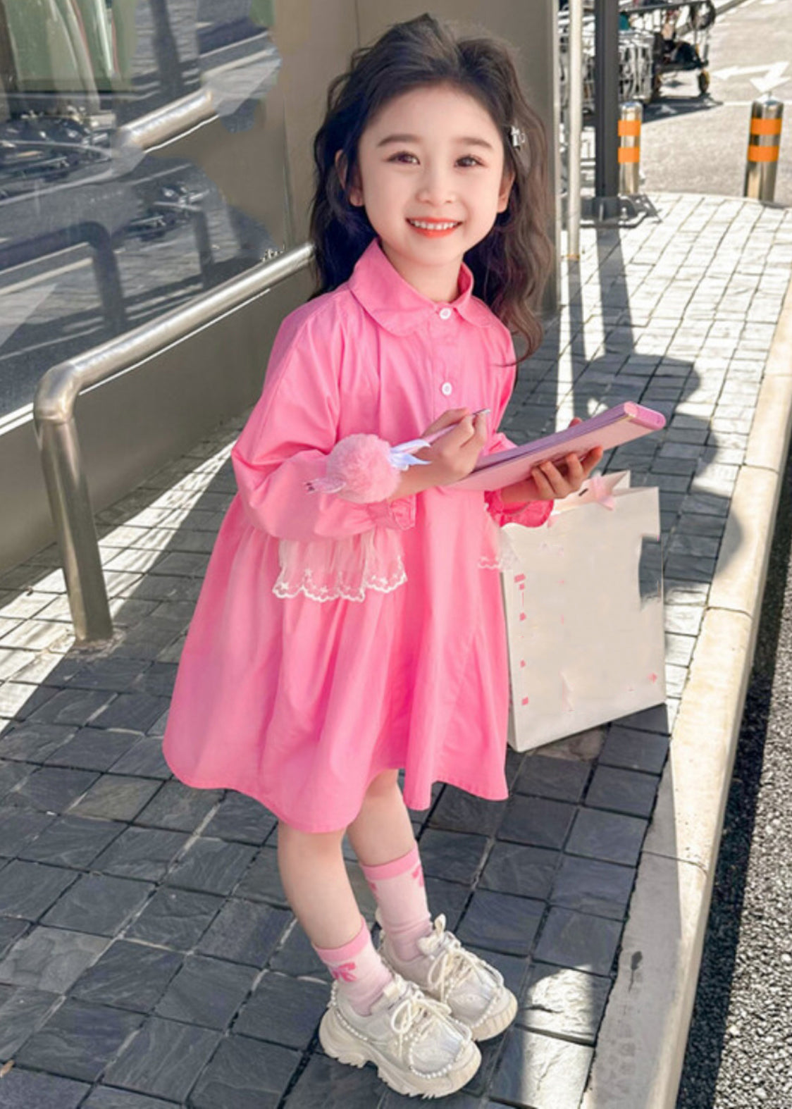 Elegant Pink Peter Pan Collar Patchwork Button Kids Long Shirts Dress Fall SS1049