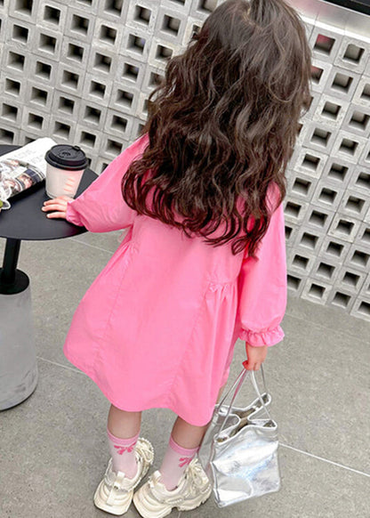 Elegant Pink Peter Pan Collar Patchwork Button Kids Long Shirts Dress Fall SS1049