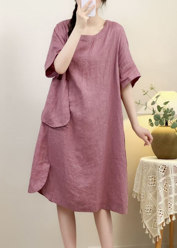 Sleeve Pockets Dress Open Side Elegant Pink Linen Half
