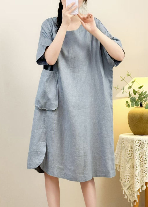 Sleeve Pockets Dress Open Side Elegant Pink Linen Half