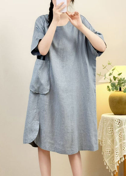 Sleeve Pockets Dress Open Side Elegant Pink Linen Half