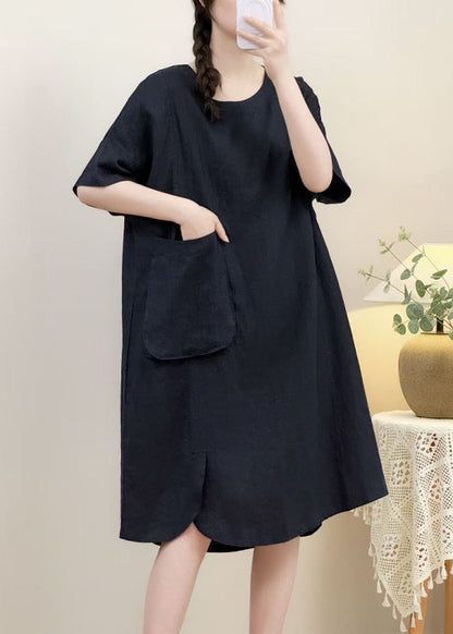 Sleeve Pockets Dress Open Side Elegant Pink Linen Half