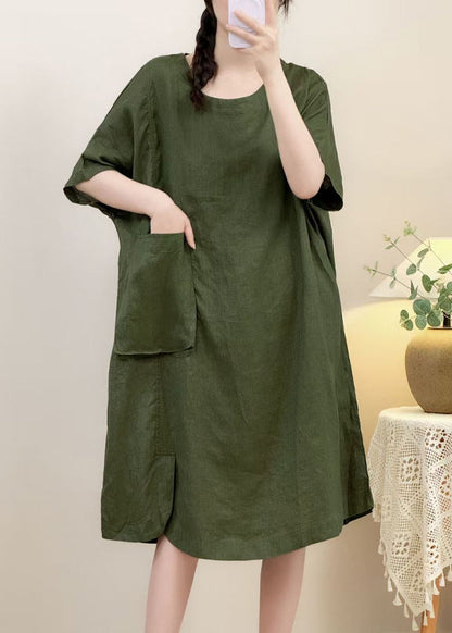 Sleeve Pockets Dress Open Side Elegant Pink Linen Half