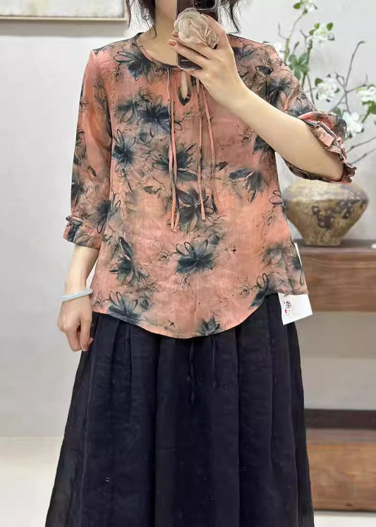 Elegant Pink Print Button Linen T Shirts Half Sleeve JH006