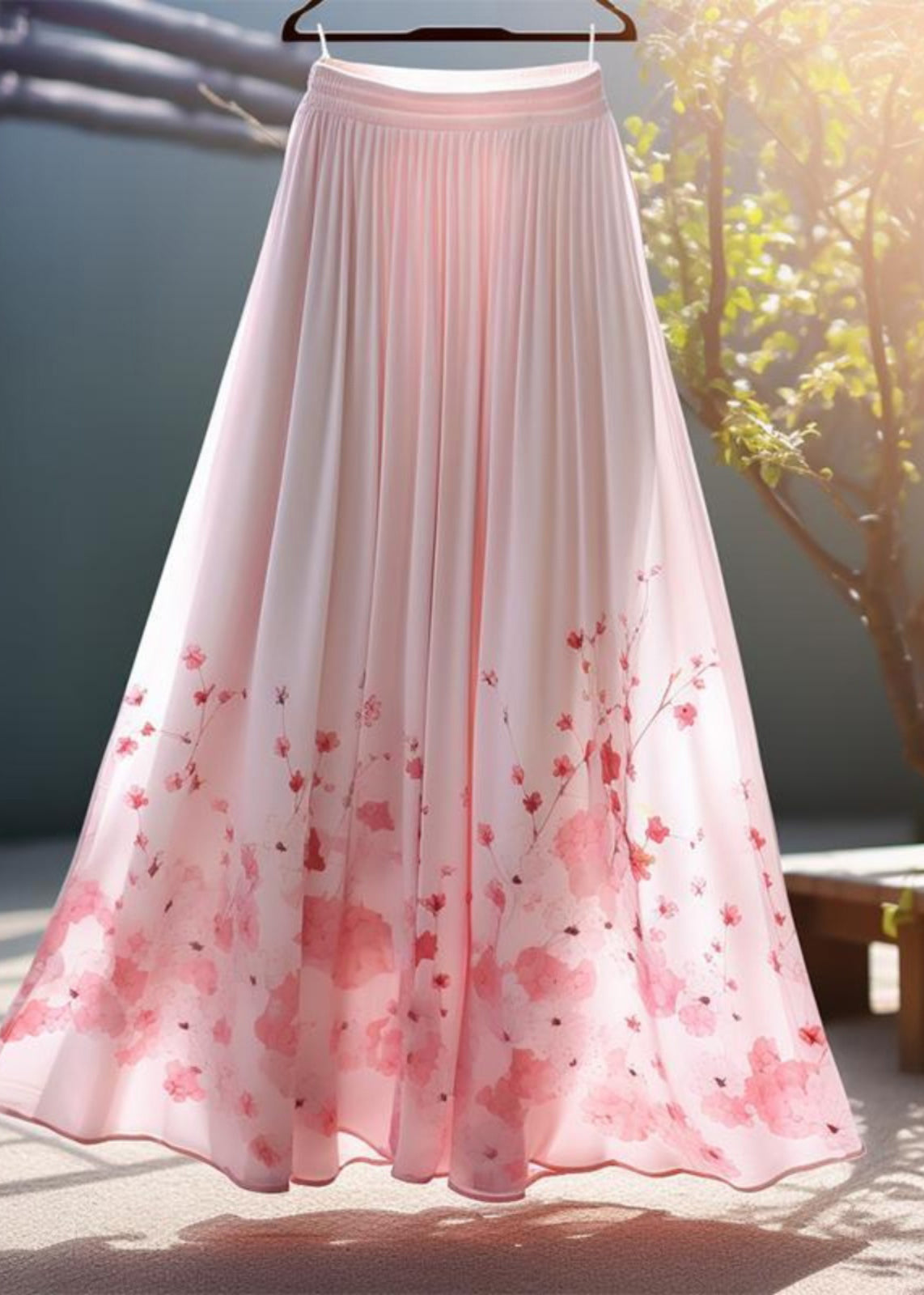 Pink Waist Skirt Chiffon Elegant Elastic Print Summer