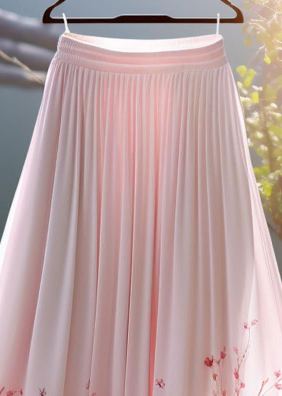 Pink Waist Skirt Chiffon Elegant Elastic Print Summer