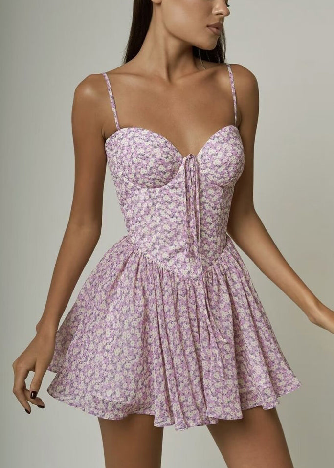 Lace Pink Dress Strap Sleeveles Up Elegant Spaghetti Cotton Print