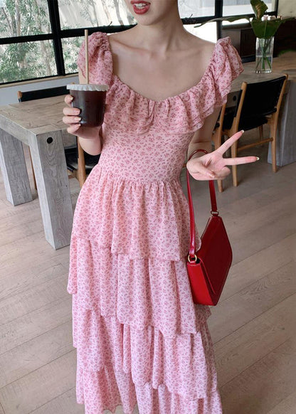 Elegant Pink Ruffled Print Chiffon Long Dress Summer XX044