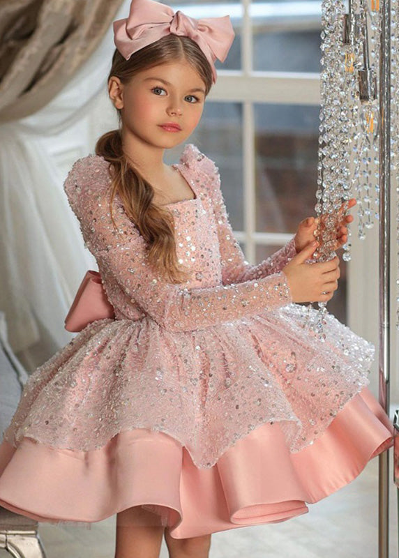 Elegant Pink Square Collar Bow Sequins Tulle Girls Maxi Dresses Spring YS038