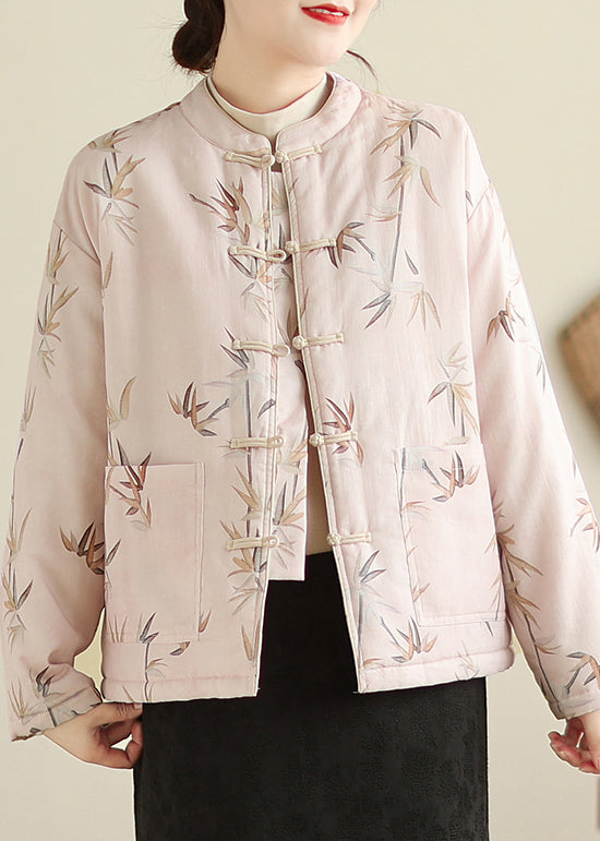 Elegant Pink Stand Collar Button Print Thick Coats Winter QG023