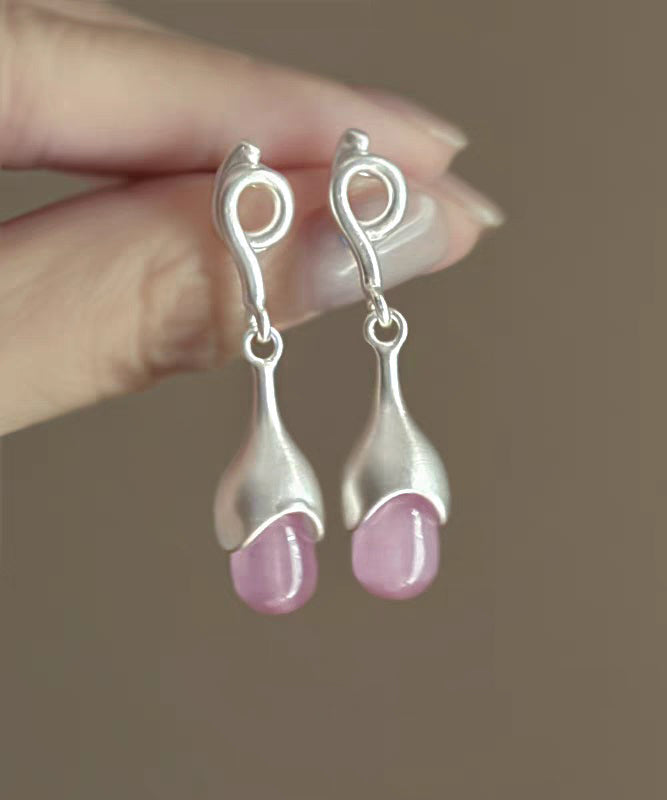 Drop Elegant Eye Sterling Stone Earrings Pink Cat Tassel Silver