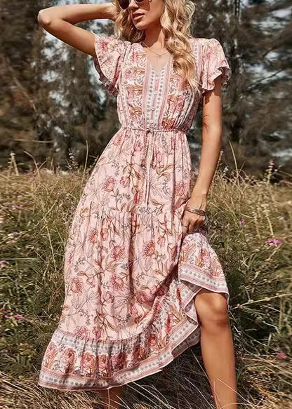 Elegante Rosa V-ausschnitt Print Hohe Taille Lange Kleider Sommer AU1033