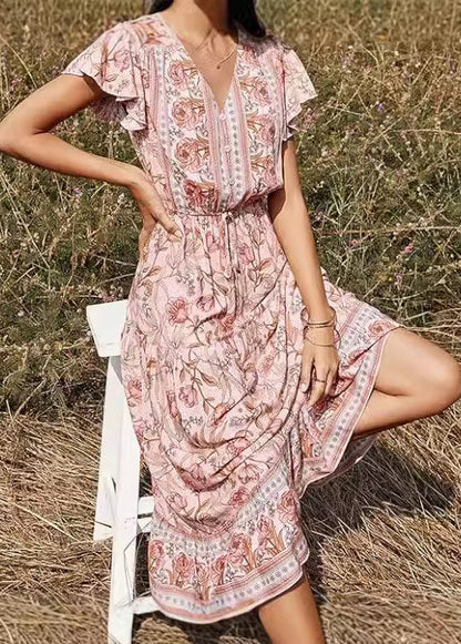 Elegante Rosa V-ausschnitt Print Hohe Taille Lange Kleider Sommer AU1033