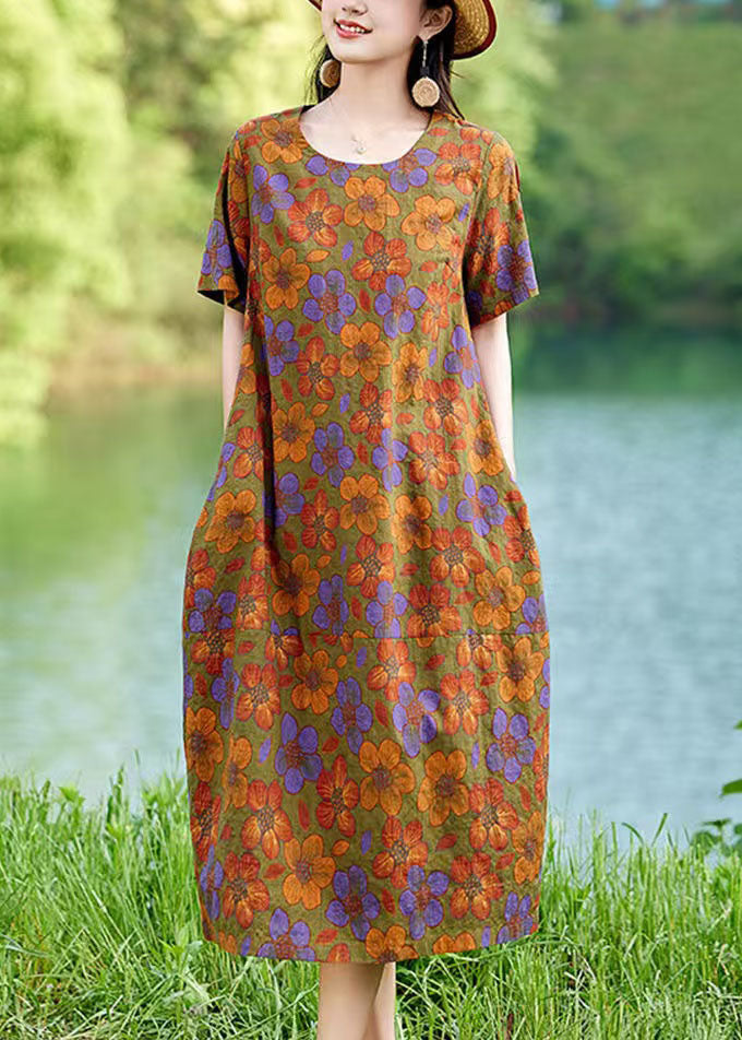 Summer Dress Oversized Elegant Floral Linen Polychrome Mid
