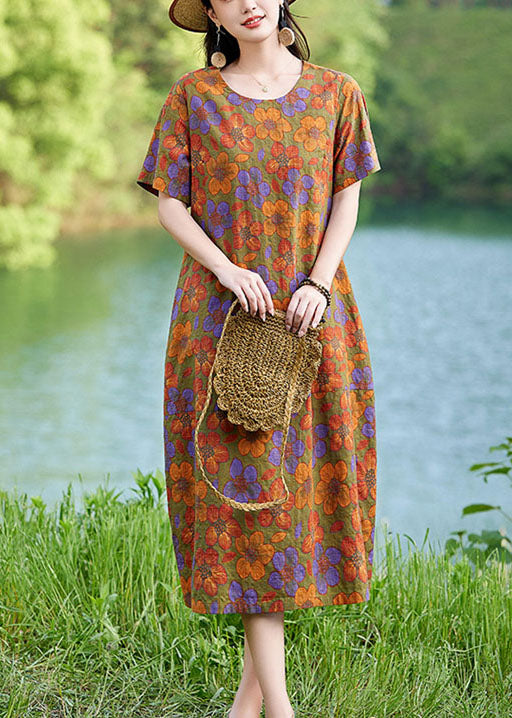 Elegant Linen Polychrome Summer Mid Dress Floral Oversized