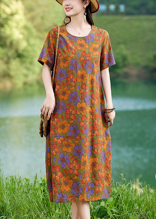 Summer Dress Oversized Elegant Floral Linen Polychrome Mid