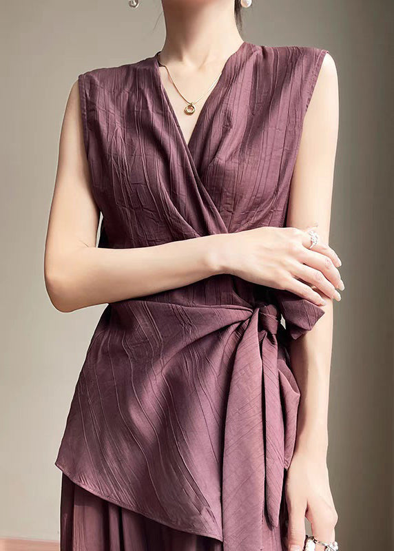 Asymmetrical Cotton Shirt Elegant Purple Lace Up Summer