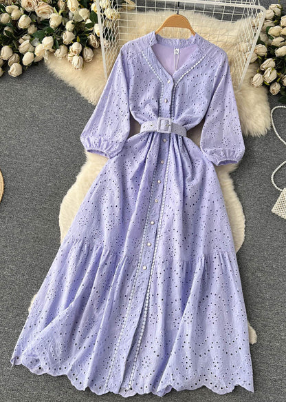 Elegant Purple Button Hollow Out Cotton Shirts Dress Long Sleeve TR046