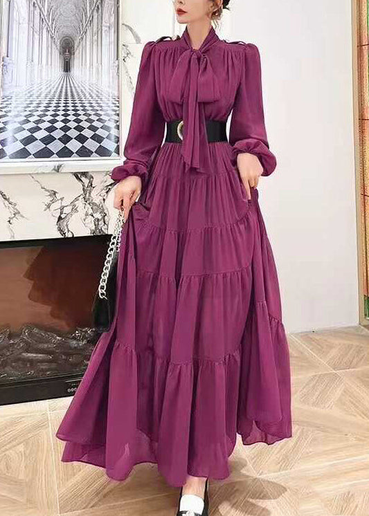 Robe élégante en mousseline de soie plissée à lacets violets à manches longues XX065