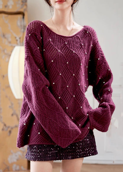 Elegant Purple O Neck Zircon Knit Sweaters Fall QS004