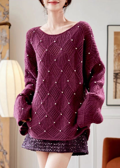 Elegant Purple O Neck Zircon Knit Sweaters Fall QS004