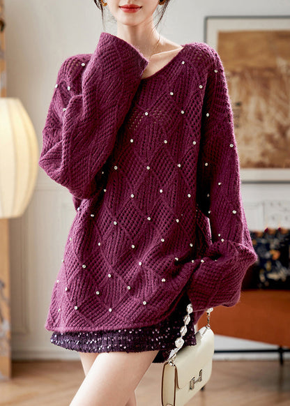 Elegant Purple O Neck Zircon Knit Sweaters Fall QS004