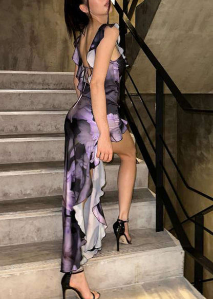 Purple Asymmetrical Summer Cotton Print Ruffled Elegant Dress