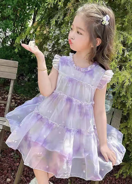 Elegante Lila Rüschen Druck Chiffon Mädchen Kleider Sommer TT045