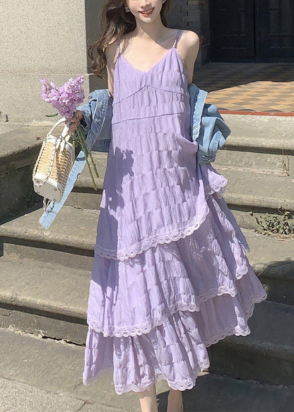 Strap V Elegant Lace Dress Neck Spaghetti Purple Cotton