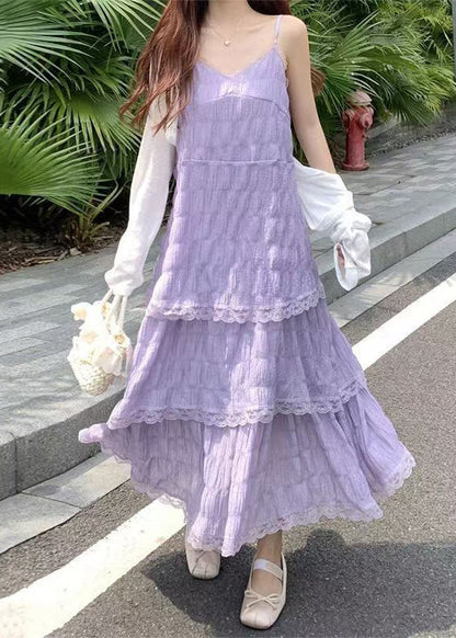 Strap V Elegant Lace Dress Neck Spaghetti Purple Cotton
