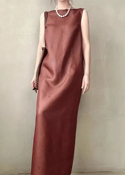 Dress Long Elegant Back Sleeveless Silk Side Red Open Pockets