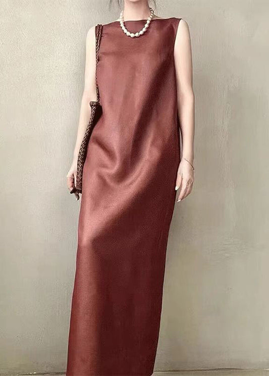 Dress Long Elegant Back Sleeveless Silk Side Red Open Pockets
