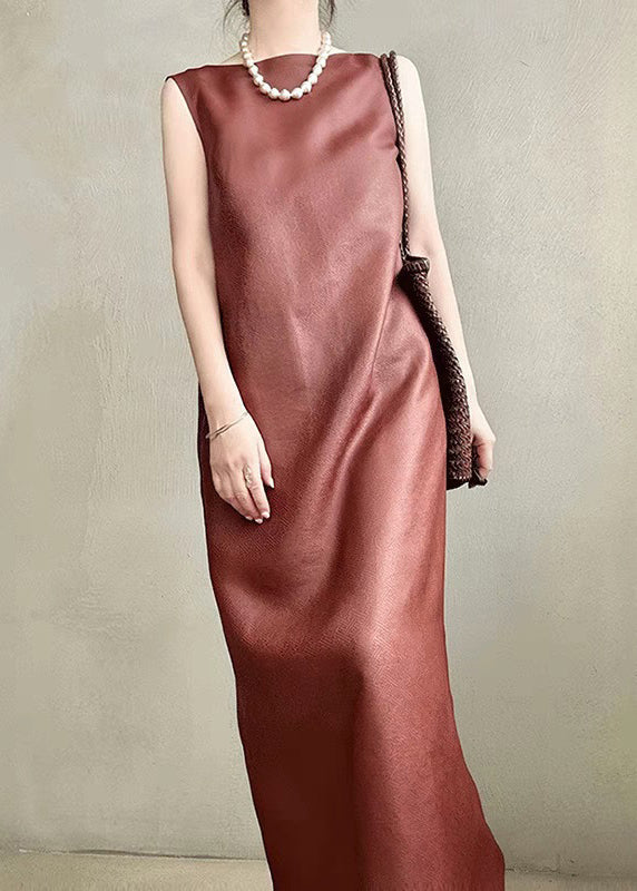 Dress Long Elegant Back Sleeveless Silk Side Red Open Pockets