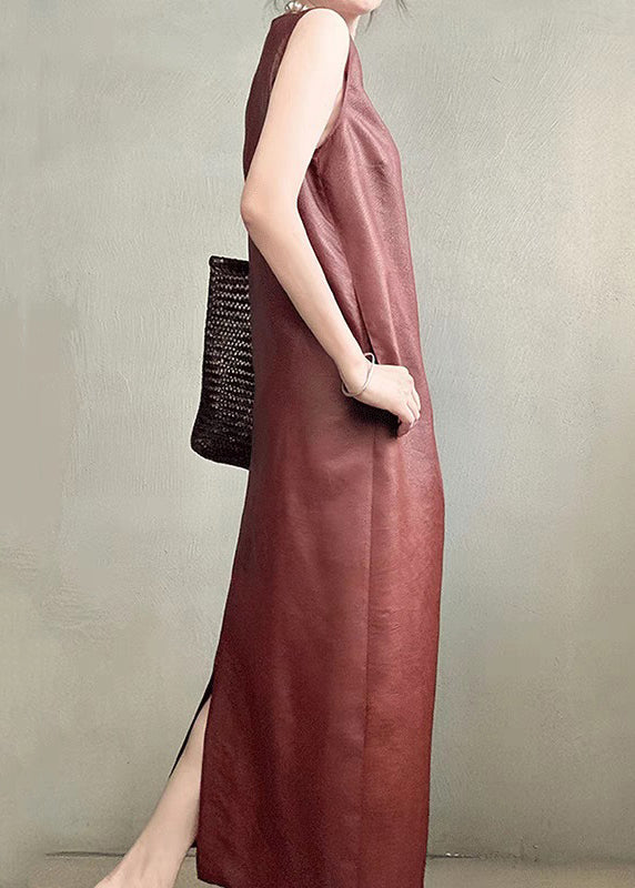 Dress Long Elegant Back Sleeveless Silk Side Red Open Pockets