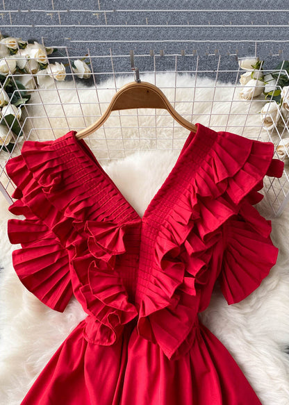 Elegantes rotes Rüschenkleid mit Knopfleiste aus fester Baumwolle für den Sommer TR037