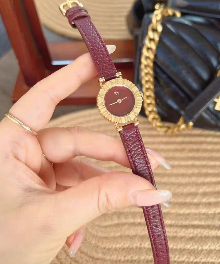 Hardlex Red Watches Crystal Steel Leather Elegant Stainless