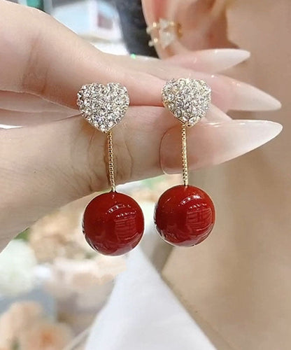 Elegant Red Sterling Silver Zircon Pearl Love Drop Earrings QZ015