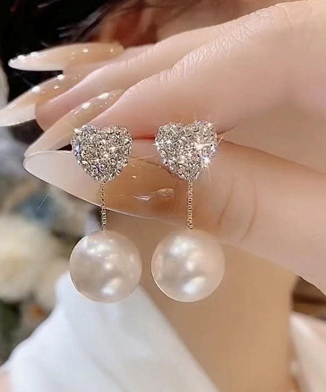 Elegant Red Sterling Silver Zircon Pearl Love Drop Earrings QZ015