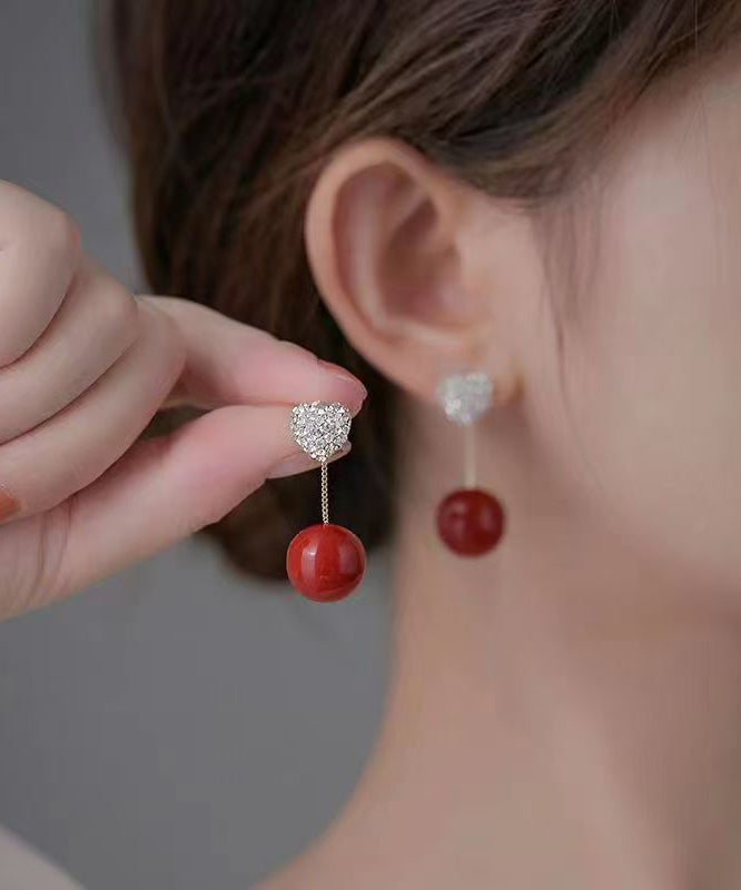 Elegant Red Sterling Silver Zircon Pearl Love Drop Earrings QZ015