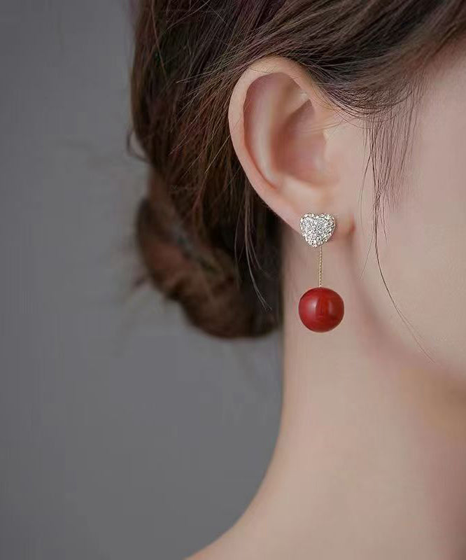 Elegant Red Sterling Silver Zircon Pearl Love Drop Earrings QZ015