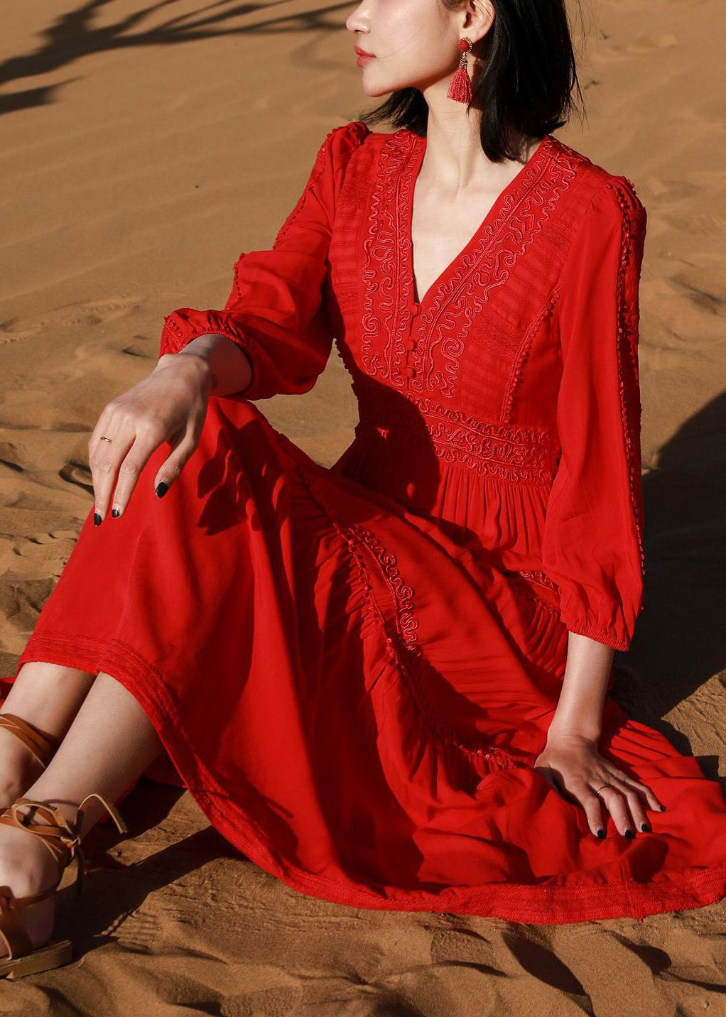 Red Elegant V Cotton Dresses Solid Neck Long Embroidered Bracelet