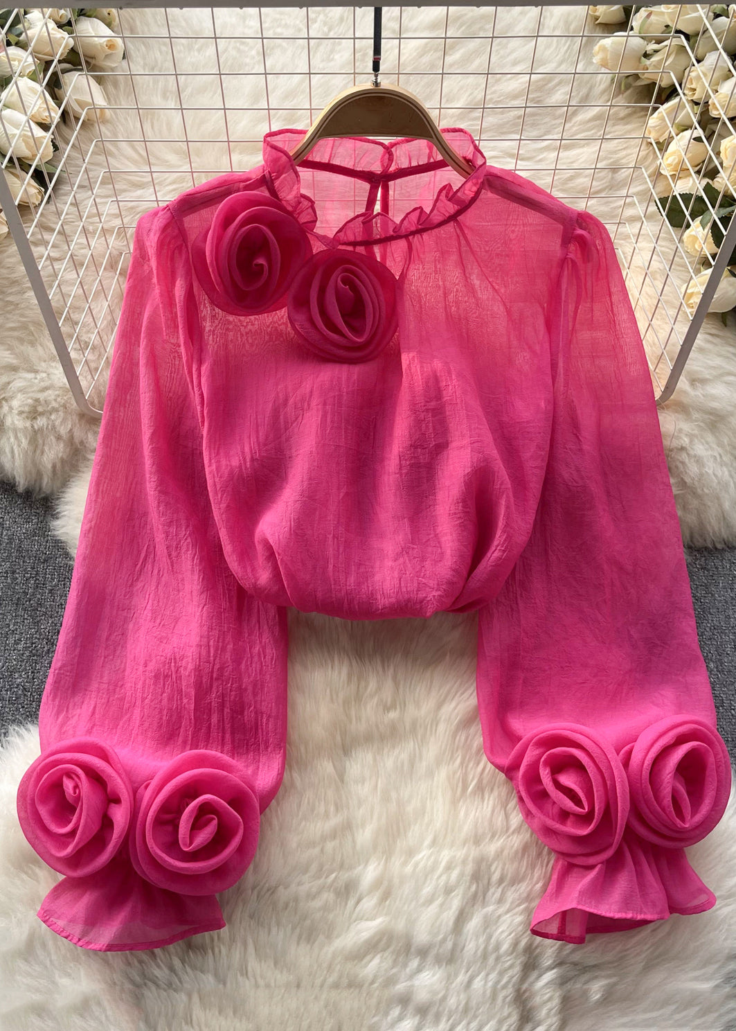 Elegantes, langärmliges Chiffon-Top mit Rüschen in Rose TR043