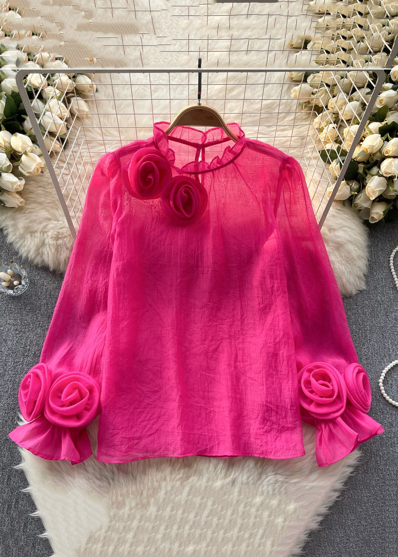 Elegantes, langärmliges Chiffon-Top mit Rüschen in Rose TR043