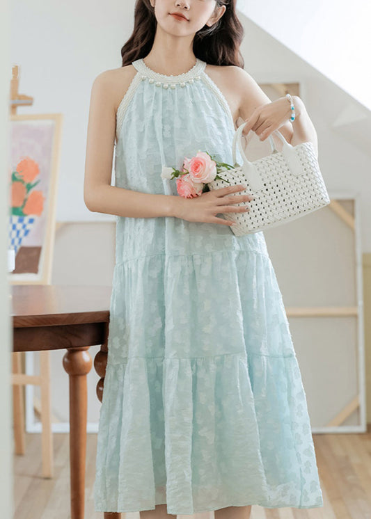 Elegant Sky Blue Pearl Bow Cotton Dresses Sleeveless XX043